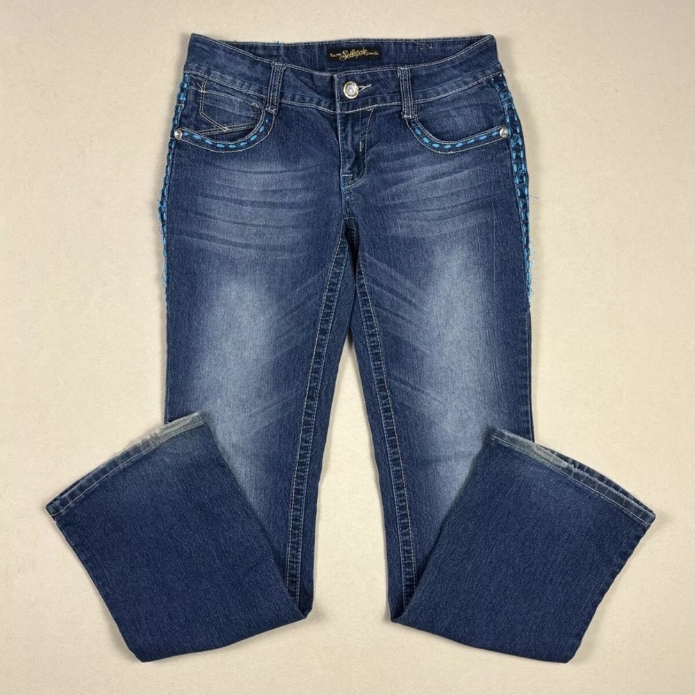 South Pole Women’s Y2K Bootcut Jeans Rhinestone Embellished Wide Leg Denim 30x30